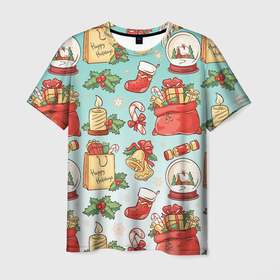 Мужская футболка 3D с принтом Рождественский узорный принт в Санкт-Петербурге, 100% полиэфир | прямой крой, круглый вырез горловины, длина до линии бедер | градиент | классика | новый год | остролистник | подарок | праздник | рождество | свеча | узорный принт