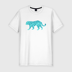 Мужская футболка хлопок Slim с принтом водяной тигр 2022 в Тюмени, 92% хлопок, 8% лайкра | приталенный силуэт, круглый вырез ворота, длина до линии бедра, короткий рукав | 2022зима | blue water tiger | year of the tiger | водный тигр | год тигра | ёлка | кошка | новыйгод | синие полоски | тигр