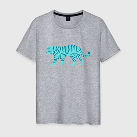 Мужская футболка хлопок с принтом водяной тигр 2022 , 100% хлопок | прямой крой, круглый вырез горловины, длина до линии бедер, слегка спущенное плечо. | Тематика изображения на принте: 2022зима | blue water tiger | year of the tiger | водный тигр | год тигра | ёлка | кошка | новыйгод | синие полоски | тигр