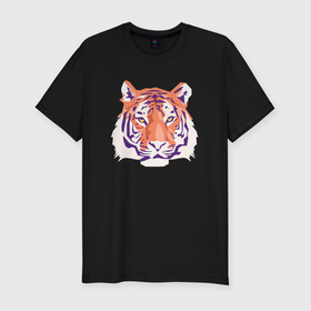 Мужская футболка хлопок Slim с принтом Тигра оранжевый в Курске, 92% хлопок, 8% лайкра | приталенный силуэт, круглый вырез ворота, длина до линии бедра, короткий рукав | 2022 | blue water tiger | год тигра | дедмороз | ёлка | кошка | новыйгод | полосатый год | синий тигр | тигриный новый год | черный тигра