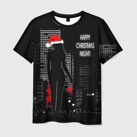 Мужская футболка 3D с принтом Happy Christmas Night в Рязани, 100% полиэфир | прямой крой, круглый вырез горловины, длина до линии бедер | christmas | happy christmas night | naked snow maiden | new year | night city | silhouette | новый год | ночной город | рождество | силуэт