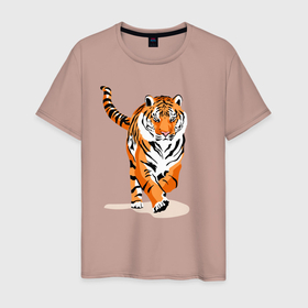 Мужская футболка хлопок с принтом Властный хозяин джунглей в Курске, 100% хлопок | прямой крой, круглый вырез горловины, длина до линии бедер, слегка спущенное плечо. | muzzle | paws | skin | tail | tiger | лапы | тигр | хвост