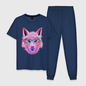 Мужская пижама хлопок с принтом Neon fox in glass , 100% хлопок | брюки и футболка прямого кроя, без карманов, на брюках мягкая резинка на поясе и по низу штанин
 | Тематика изображения на принте: it | лис | неон | принт | умный
