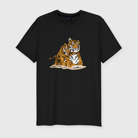 Мужская футболка хлопок Slim с принтом Тигрица с игривым тигрёнком , 92% хлопок, 8% лайкра | приталенный силуэт, круглый вырез ворота, длина до линии бедра, короткий рукав | affection | muzzle | paws | skin | tail | tiger cub | tigress | лапы | ласка | тигрёнок | тигрица | хвост