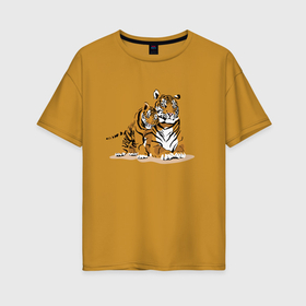 Женская футболка хлопок Oversize с принтом Тигрица с игривым тигрёнком , 100% хлопок | свободный крой, круглый ворот, спущенный рукав, длина до линии бедер
 | affection | muzzle | paws | skin | tail | tiger cub | tigress | лапы | ласка | тигрёнок | тигрица | хвост