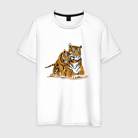 Мужская футболка хлопок с принтом Тигрица с игривым тигрёнком в Екатеринбурге, 100% хлопок | прямой крой, круглый вырез горловины, длина до линии бедер, слегка спущенное плечо. | affection | muzzle | paws | skin | tail | tiger cub | tigress | лапы | ласка | тигрёнок | тигрица | хвост