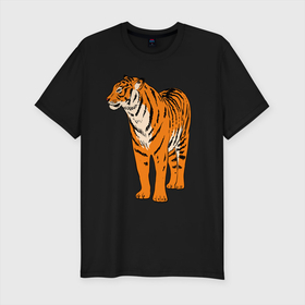 Мужская футболка хлопок Slim с принтом Гордый независимый тигр в Курске, 92% хлопок, 8% лайкра | приталенный силуэт, круглый вырез ворота, длина до линии бедра, короткий рукав | eyes | paws | skin | tail | tiger | глаза | лапы | тигр | хвост