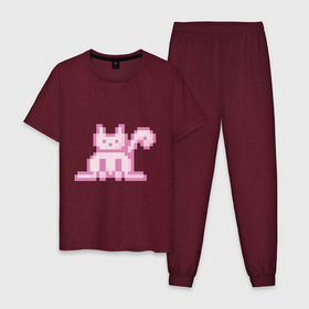 Мужская пижама хлопок с принтом Розовый пиксельный кот (Pink pixel cat) в Новосибирске, 100% хлопок | брюки и футболка прямого кроя, без карманов, на брюках мягкая резинка на поясе и по низу штанин
 | anime | cat | pink | pixel | pixel art | аниме | кот | писель | писель арт | розовый