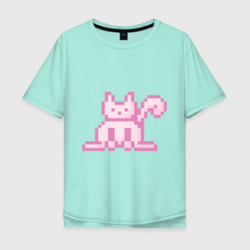 Мужская футболка хлопок Oversize с принтом Розовый пиксельный кот (Pink pixel cat) в Екатеринбурге, 100% хлопок | свободный крой, круглый ворот, “спинка” длиннее передней части | Тематика изображения на принте: anime | cat | pink | pixel | pixel art | аниме | кот | писель | писель арт | розовый
