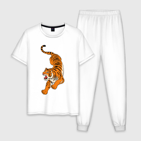 Мужская пижама хлопок с принтом Агрессивный коварный тигр в Курске, 100% хлопок | брюки и футболка прямого кроя, без карманов, на брюках мягкая резинка на поясе и по низу штанин
 | eyes | fangs | jaw | paws | skin | tail | tiger | глаза | клыки | лапы | пасть | тигр | хвост