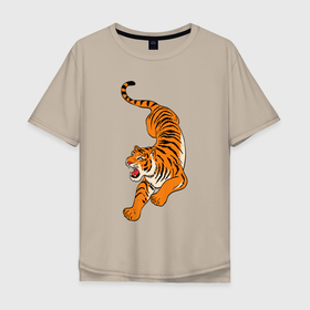 Мужская футболка хлопок Oversize с принтом Агрессивный коварный тигр в Курске, 100% хлопок | свободный крой, круглый ворот, “спинка” длиннее передней части | eyes | fangs | jaw | paws | skin | tail | tiger | глаза | клыки | лапы | пасть | тигр | хвост