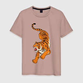 Мужская футболка хлопок с принтом Агрессивный коварный тигр в Тюмени, 100% хлопок | прямой крой, круглый вырез горловины, длина до линии бедер, слегка спущенное плечо. | eyes | fangs | jaw | paws | skin | tail | tiger | глаза | клыки | лапы | пасть | тигр | хвост