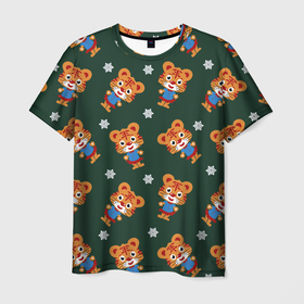 Мужская футболка 3D с принтом Тигрёнок и снежинка , 100% полиэфир | прямой крой, круглый вырез горловины, длина до линии бедер | кошки | новый год | символ года | снежинки | тигр