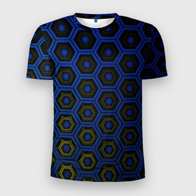 Мужская футболка 3D Slim с принтом Ячейки памяти в Екатеринбурге, 100% полиэстер с улучшенными характеристиками | приталенный силуэт, круглая горловина, широкие плечи, сужается к линии бедра | сетка | симметрия | синий | текстура | узор