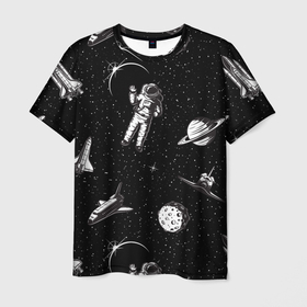 Мужская футболка 3D с принтом Космический вояж в Курске, 100% полиэфир | прямой крой, круглый вырез горловины, длина до линии бедер | астронавт | космический полет | космос | луна | ракета