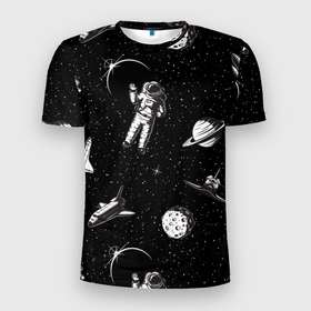 Мужская футболка 3D Slim с принтом Космический вояж в Курске, 100% полиэстер с улучшенными характеристиками | приталенный силуэт, круглая горловина, широкие плечи, сужается к линии бедра | астронавт | космический полет | космос | луна | ракета