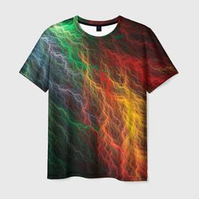 Мужская футболка 3D с принтом Цветной разряд в Екатеринбурге, 100% полиэфир | прямой крой, круглый вырез горловины, длина до линии бедер | абстракция | атмосфера | вода | молния | цвет
