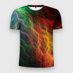 Мужская футболка 3D Slim с принтом Цветной разряд в Петрозаводске, 100% полиэстер с улучшенными характеристиками | приталенный силуэт, круглая горловина, широкие плечи, сужается к линии бедра | абстракция | атмосфера | вода | молния | цвет