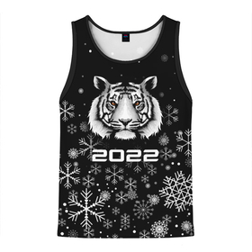 Мужская майка 3D с принтом Новогодний тиг 2022 со снежинками. в Тюмени, 100% полиэстер | круглая горловина, приталенный силуэт, длина до линии бедра. Пройма и горловина окантованы тонкой бейкой | 2022 | merry christmas | год тигра | нг | новогодний тигр | новогодняя символика | новый год | рождество | символ 2022 года | снежинки | тигр