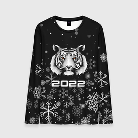 Мужской лонгслив 3D с принтом Новогодний тиг 2022 со снежинками. в Тюмени, 100% полиэстер | длинные рукава, круглый вырез горловины, полуприлегающий силуэт | Тематика изображения на принте: 2022 | merry christmas | год тигра | нг | новогодний тигр | новогодняя символика | новый год | рождество | символ 2022 года | снежинки | тигр