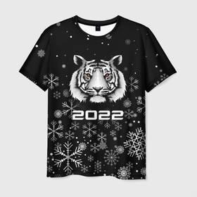 Мужская футболка 3D с принтом Новогодний тиг 2022 со снежинками. в Санкт-Петербурге, 100% полиэфир | прямой крой, круглый вырез горловины, длина до линии бедер | 2022 | merry christmas | год тигра | нг | новогодний тигр | новогодняя символика | новый год | рождество | символ 2022 года | снежинки | тигр