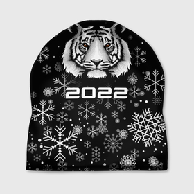 Шапка 3D с принтом Новогодний тиг 2022 со снежинками. в Санкт-Петербурге, 100% полиэстер | универсальный размер, печать по всей поверхности изделия | 2022 | merry christmas | год тигра | нг | новогодний тигр | новогодняя символика | новый год | рождество | символ 2022 года | снежинки | тигр