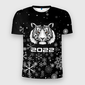 Мужская футболка 3D спортивная с принтом Новогодний тиг 2022 со снежинками. в Тюмени, 100% полиэстер с улучшенными характеристиками | приталенный силуэт, круглая горловина, широкие плечи, сужается к линии бедра | Тематика изображения на принте: 2022 | merry christmas | год тигра | нг | новогодний тигр | новогодняя символика | новый год | рождество | символ 2022 года | снежинки | тигр