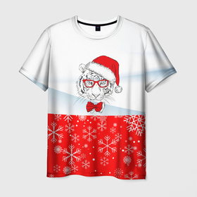 Мужская футболка 3D с принтом Новогодний тигр в сугробе снега. в Екатеринбурге, 100% полиэфир | прямой крой, круглый вырез горловины, длина до линии бедер | 2022 | merry christmas | год тигра | нг | новогодний тигр | новогодняя символика | новый год | рождество | символ 2022 года | снежинки | тигр