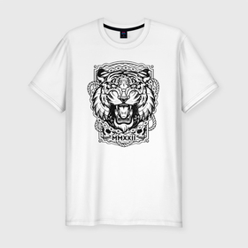 Мужская футболка хлопок Slim с принтом EvilTiger в Петрозаводске, 92% хлопок, 8% лайкра | приталенный силуэт, круглый вырез ворота, длина до линии бедра, короткий рукав | 2022 | клетка | кошки | символ года | тигр | череп