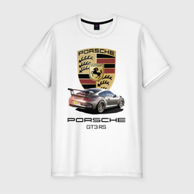 Мужская футболка хлопок Slim с принтом Porsche GT 3 RS Motorsport в Новосибирске, 92% хлопок, 8% лайкра | приталенный силуэт, круглый вырез ворота, длина до линии бедра, короткий рукав | car | germany | motorsport | porsche | power | prestige | автомобиль | автоспорт | германия | мощь | порше | престиж