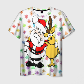 Мужская футболка 3D с принтом Счастливого всем Рождества в Петрозаводске, 100% полиэфир | прямой крой, круглый вырез горловины, длина до линии бедер | Тематика изображения на принте: елка | олень | подарки | праздник | рождество | счастливого рождества