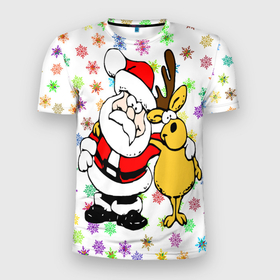 Мужская футболка 3D Slim с принтом Счастливого всем Рождества в Санкт-Петербурге, 100% полиэстер с улучшенными характеристиками | приталенный силуэт, круглая горловина, широкие плечи, сужается к линии бедра | елка | олень | подарки | праздник | рождество | счастливого рождества