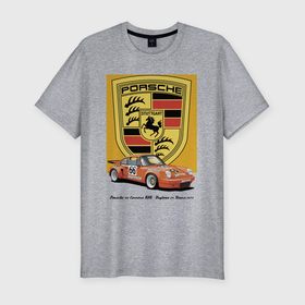 Мужская футболка хлопок Slim с принтом Porsche 911 Carrera RSR   Daytona 24 Hours 1973 в Екатеринбурге, 92% хлопок, 8% лайкра | приталенный силуэт, круглый вырез ворота, длина до линии бедра, короткий рукав | car | germany | motorsport | porsche | power | prestige | retro | автомобиль | автоспорт | германия | мощь | порше | престиж | ретро
