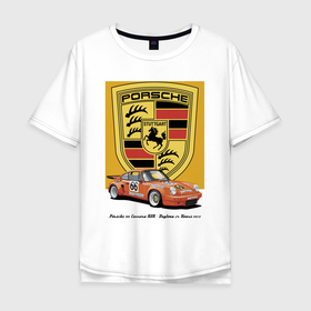 Мужская футболка хлопок Oversize с принтом Porsche 911 Carrera RSR   Daytona 24 Hours 1973 в Екатеринбурге, 100% хлопок | свободный крой, круглый ворот, “спинка” длиннее передней части | car | germany | motorsport | porsche | power | prestige | retro | автомобиль | автоспорт | германия | мощь | порше | престиж | ретро
