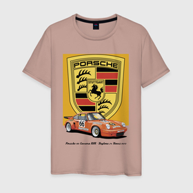 Мужская футболка хлопок с принтом Porsche 911 Carrera RSR   Daytona 24 Hours 1973 , 100% хлопок | прямой крой, круглый вырез горловины, длина до линии бедер, слегка спущенное плечо. | car | germany | motorsport | porsche | power | prestige | retro | автомобиль | автоспорт | германия | мощь | порше | престиж | ретро