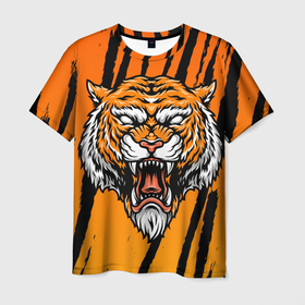 Мужская футболка 3D с принтом Разгневанный тигр (голова) в Курске, 100% полиэфир | прямой крой, круглый вырез горловины, длина до линии бедер | Тематика изображения на принте: tiger | восточный тигр | год тигра | голова тигра | кошка | тигр | тигренок | хищник
