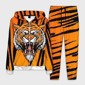 Мужской костюм 3D с принтом Разгневанный тигр (голова) в Тюмени, 100% полиэстер | Манжеты и пояс оформлены тканевой резинкой, двухслойный капюшон со шнурком для регулировки, карманы спереди | Тематика изображения на принте: tiger | восточный тигр | год тигра | голова тигра | кошка | тигр | тигренок | хищник