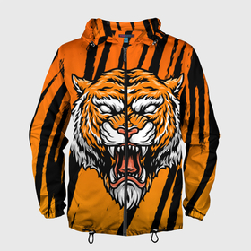 Мужская ветровка 3D с принтом Разгневанный тигр (голова) в Тюмени, 100% полиэстер | подол и капюшон оформлены резинкой с фиксаторами, два кармана без застежек по бокам, один потайной карман на груди | Тематика изображения на принте: tiger | восточный тигр | год тигра | голова тигра | кошка | тигр | тигренок | хищник