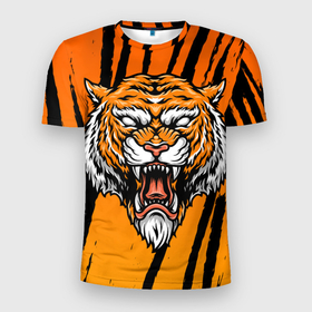 Мужская футболка 3D Slim с принтом Разгневанный тигр (голова) в Тюмени, 100% полиэстер с улучшенными характеристиками | приталенный силуэт, круглая горловина, широкие плечи, сужается к линии бедра | Тематика изображения на принте: tiger | восточный тигр | год тигра | голова тигра | кошка | тигр | тигренок | хищник