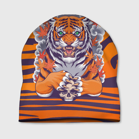 Шапка 3D с принтом Тигр с черепом в Тюмени, 100% полиэстер | универсальный размер, печать по всей поверхности изделия | tiger | восточный тигр | год тигра | кошка | с черепом | тигр | тигренок | хищник | череп
