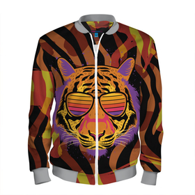 Мужской бомбер 3D с принтом Крутой тигр в очках ретро в Екатеринбурге, 100% полиэстер | застегивается на молнию, по бокам два кармана без застежек, по низу бомбера и на воротнике - эластичная резинка | tiger | в очках | восточный тигр | год тигра | голова тигра | кошка | крутой | тигр | тигренок | хищник