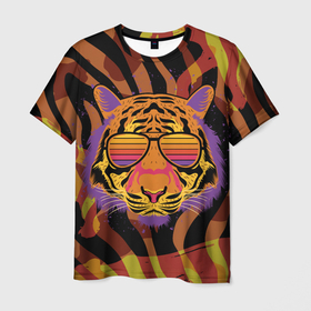 Мужская футболка 3D с принтом Крутой тигр в очках ретро в Санкт-Петербурге, 100% полиэфир | прямой крой, круглый вырез горловины, длина до линии бедер | tiger | в очках | восточный тигр | год тигра | голова тигра | кошка | крутой | тигр | тигренок | хищник