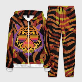 Мужской костюм 3D с принтом Крутой тигр в очках ретро в Белгороде, 100% полиэстер | Манжеты и пояс оформлены тканевой резинкой, двухслойный капюшон со шнурком для регулировки, карманы спереди | tiger | в очках | восточный тигр | год тигра | голова тигра | кошка | крутой | тигр | тигренок | хищник
