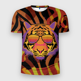 Мужская футболка 3D Slim с принтом Крутой тигр в очках ретро , 100% полиэстер с улучшенными характеристиками | приталенный силуэт, круглая горловина, широкие плечи, сужается к линии бедра | Тематика изображения на принте: tiger | в очках | восточный тигр | год тигра | голова тигра | кошка | крутой | тигр | тигренок | хищник