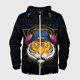 Мужская ветровка 3D с принтом Тигр в наушниках SWAG в Тюмени, 100% полиэстер | подол и капюшон оформлены резинкой с фиксаторами, два кармана без застежек по бокам, один потайной карман на груди | furry | swag | tiger | в наушниках | восточный тигр | год тигра | кошка | тигр | тигренок | хищник