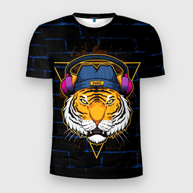 Мужская футболка 3D Slim с принтом Тигр в наушниках SWAG в Санкт-Петербурге, 100% полиэстер с улучшенными характеристиками | приталенный силуэт, круглая горловина, широкие плечи, сужается к линии бедра | Тематика изображения на принте: furry | swag | tiger | в наушниках | восточный тигр | год тигра | кошка | тигр | тигренок | хищник