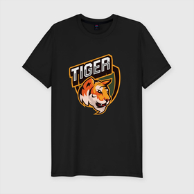 Мужская футболка хлопок Slim с принтом Тигр | Tiger логотип в Курске, 92% хлопок, 8% лайкра | приталенный силуэт, круглый вырез ворота, длина до линии бедра, короткий рукав | Тематика изображения на принте: tiger | восточный тигр | год тигра | кошка | тигр | тигренок | хищник