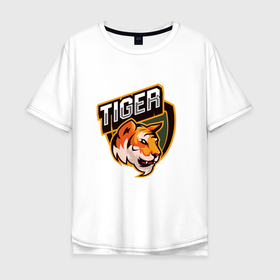 Мужская футболка хлопок Oversize с принтом Тигр | Tiger логотип в Курске, 100% хлопок | свободный крой, круглый ворот, “спинка” длиннее передней части | Тематика изображения на принте: tiger | восточный тигр | год тигра | кошка | тигр | тигренок | хищник