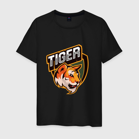 Мужская футболка хлопок с принтом Тигр | Tiger логотип в Курске, 100% хлопок | прямой крой, круглый вырез горловины, длина до линии бедер, слегка спущенное плечо. | Тематика изображения на принте: tiger | восточный тигр | год тигра | кошка | тигр | тигренок | хищник