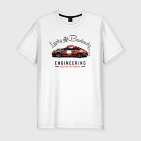 Мужская футболка хлопок Slim с принтом Porsche Lucky Bastardz в Новосибирске, 92% хлопок, 8% лайкра | приталенный силуэт, круглый вырез ворота, длина до линии бедра, короткий рукав | car | germany | motorsport | porsche | power | автомобиль | автоспорт | германия | лихач | порше